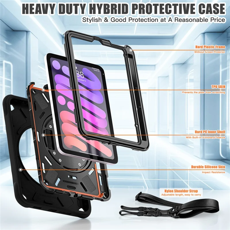Funda para iPad mini (2024) / (2021) con correa de hombro y soporte, cubierta de tableta de PC + silicona + TPU - Negro
