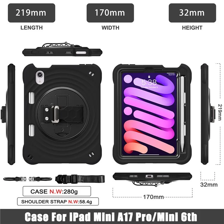 Funda para iPad mini (2024) / (2021) con correa de hombro y soporte, cubierta de tableta de PC + silicona + TPU - Negro