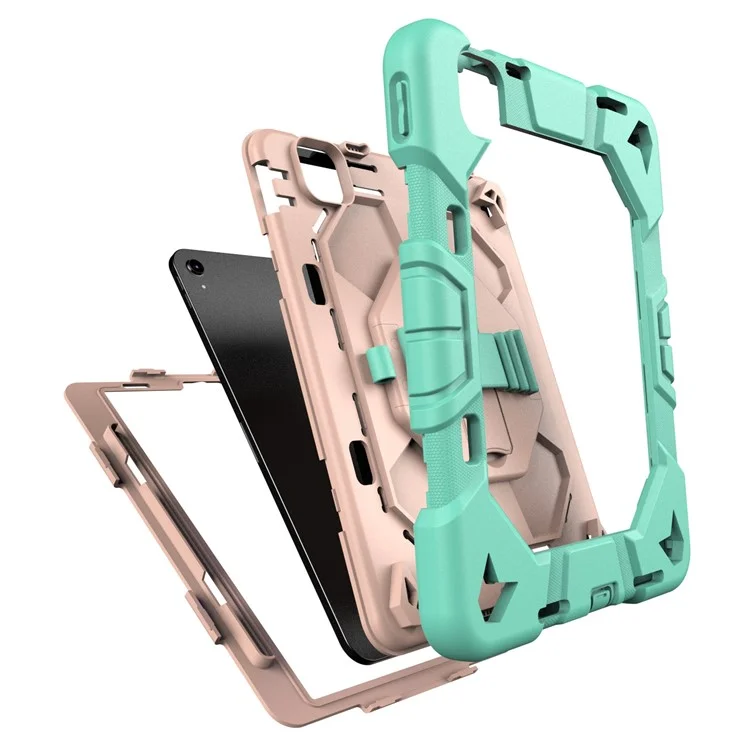 Чехол для планшета для iPad Air (2022) / (2020) / iPad Pro 11 (2022) / (2021) / (2020) / (2018) PC + силиконовая крышка с подставкой и ремешком на запястье - Зеленый + Розовый