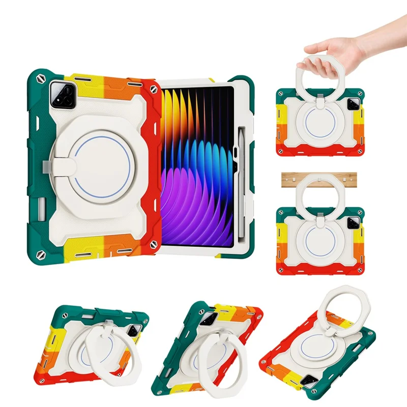 For Xiaomi Pad 7 / Pad 7 Pro Case Hand Grip Kickstand PC + Silicone Tablet Cover with Pencil Holder - Colorful Red