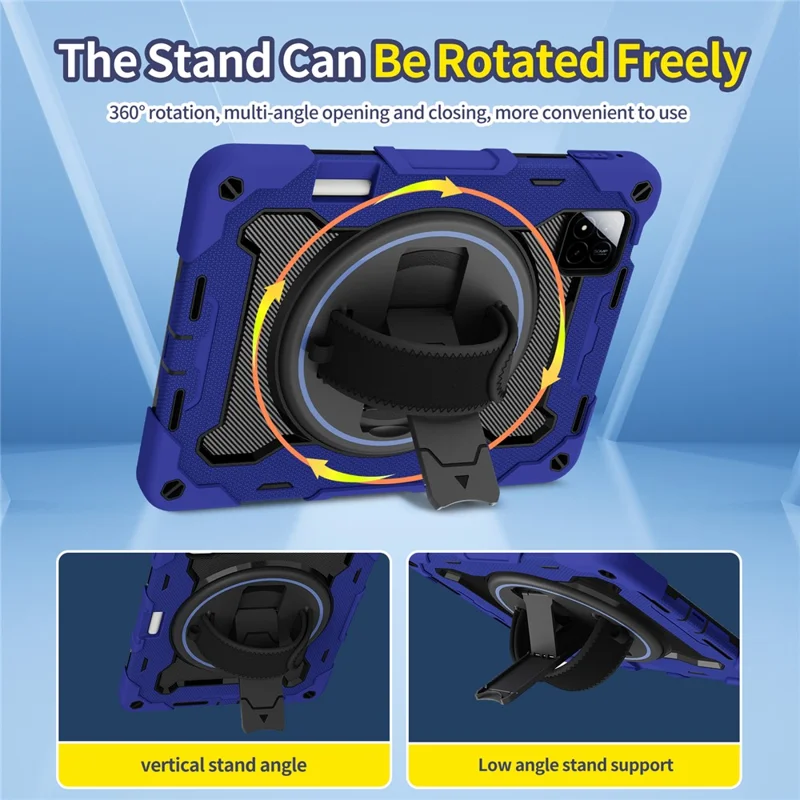 For Xiaomi Pad 7 / Pad 7 Pro Kickstand Case Hand Strap PC + Silicone Tablet Cover with Pencil Holder - Navy Blue