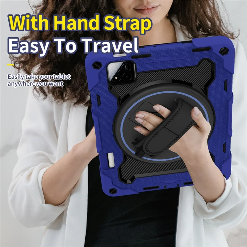 For Xiaomi Pad 7 / Pad 7 Pro Kickstand Case Hand Strap PC + Silicone Tablet Cover with Pencil Holder - Navy Blue