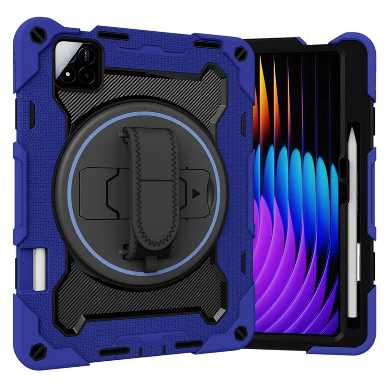 For Xiaomi Pad 7 / Pad 7 Pro Kickstand Case Hand Strap PC + Silicone Tablet Cover with Pencil Holder - Navy Blue