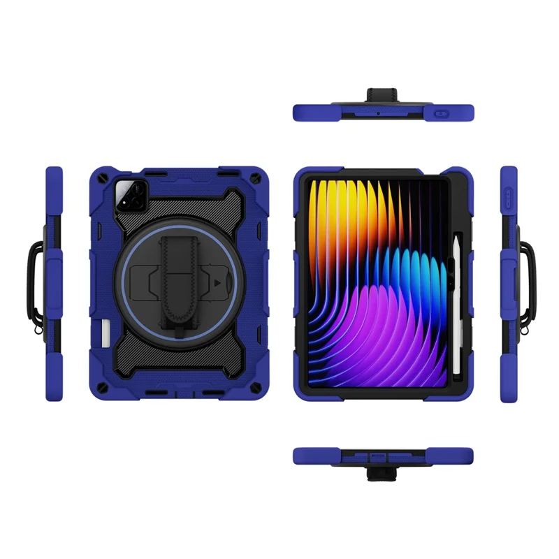 For Xiaomi Pad 7 / Pad 7 Pro Kickstand Case Hand Strap PC + Silicone Tablet Cover with Pencil Holder - Navy Blue