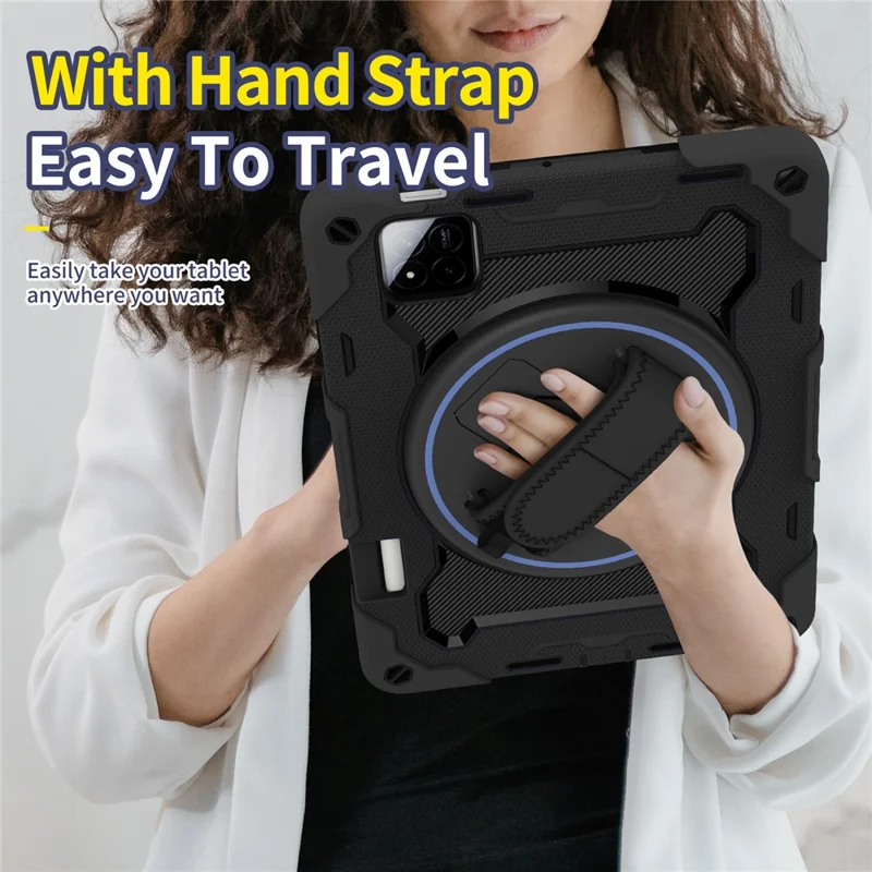 For Xiaomi Pad 7 / Pad 7 Pro Kickstand Case Hand Strap PC + Silicone Tablet Cover with Pencil Holder - Black