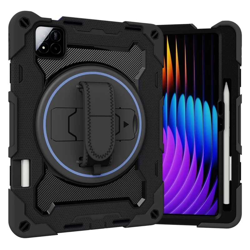 For Xiaomi Pad 7 / Pad 7 Pro Kickstand Case Hand Strap PC + Silicone Tablet Cover with Pencil Holder - Black