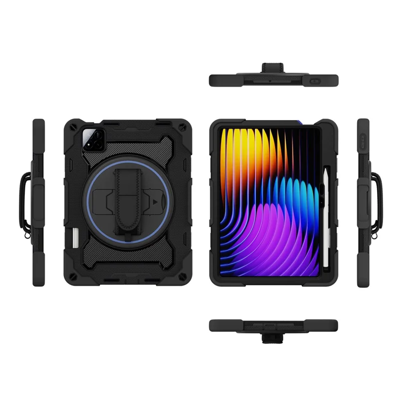 For Xiaomi Pad 7 / Pad 7 Pro Kickstand Case Hand Strap PC + Silicone Tablet Cover with Pencil Holder - Black