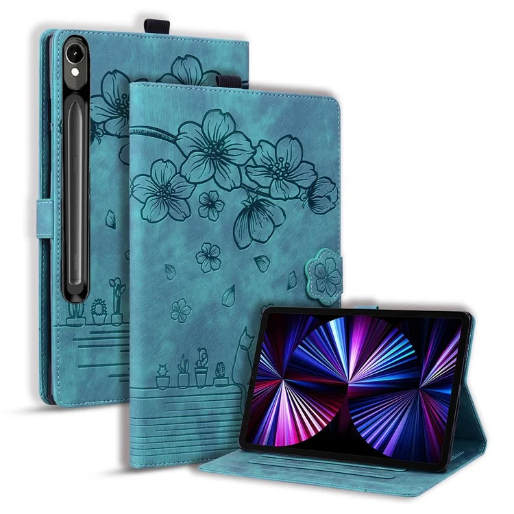 Чехол для Samsung Galaxy Tab S10 FE+ с слотами для карт, подставкой для планшета и обложкой-фолио с цветочным узором с кошкой - Зеленый