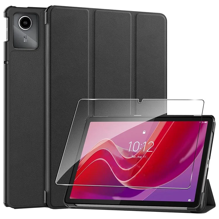 For Lenovo Tab M11  /  K11 Case Tri-Fold Stand PU Leather Tablet Cover with 2.5D Tempered Glass Screen Protector - Black