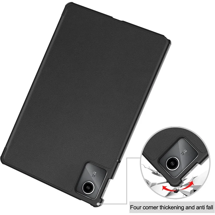 For Lenovo Tab M11  /  K11 Case Tri-Fold Stand PU Leather Tablet Cover with 2.5D Tempered Glass Screen Protector - Black