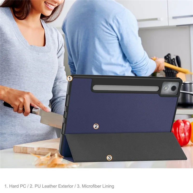 Für Lenovo Idea Tab Pro Hülle Dreifach Klappständer Leder + PC Tablet Schutzhülle mit Stifthalter - Dunkelblau