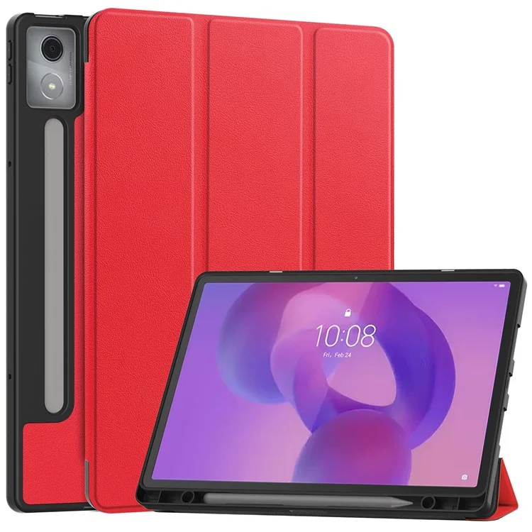 For Lenovo Idea Tab Pro Case Tri-Fold Stand Leather + PC Tablet Cover with Pen Holder - Red