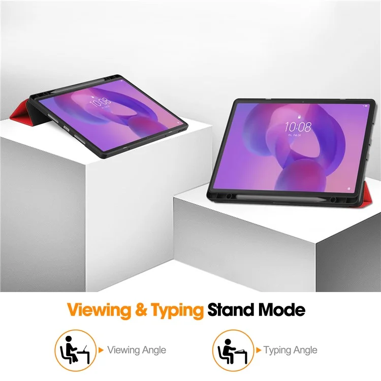 For Lenovo Idea Tab Pro Case Tri-Fold Stand Leather + PC Tablet Cover with Pen Holder - Red
