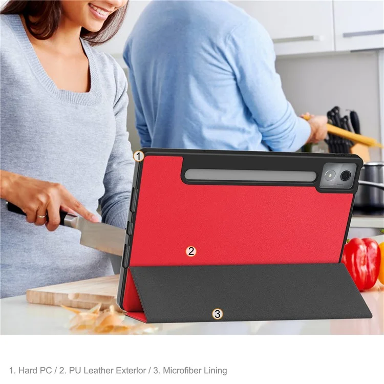 For Lenovo Idea Tab Pro Case Tri-Fold Stand Leather + PC Tablet Cover with Pen Holder - Red