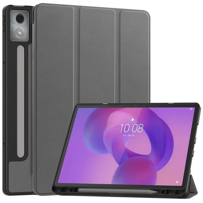For Lenovo Idea Tab Pro Case Tri-Fold Stand Leather + PC Tablet Cover with Pen Holder - Grey
