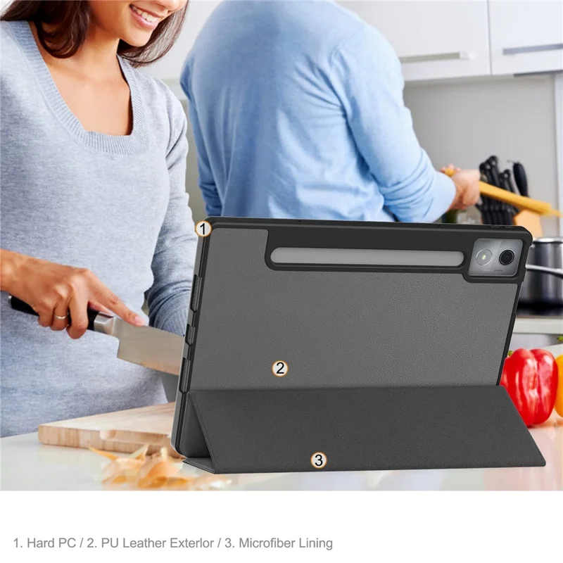 For Lenovo Idea Tab Pro Case Tri-Fold Stand Leather + PC Tablet Cover with Pen Holder - Grey