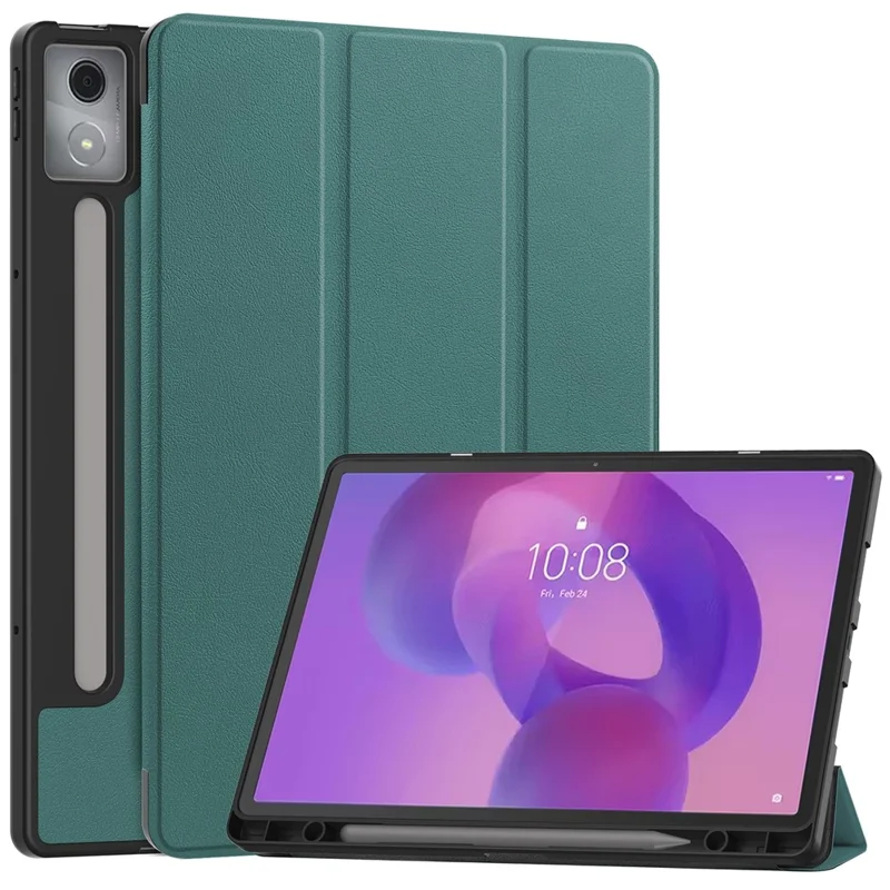 For Lenovo Idea Tab Pro Case Tri-Fold Stand Leather + PC Tablet Cover with Pen Holder - Blackish Green
