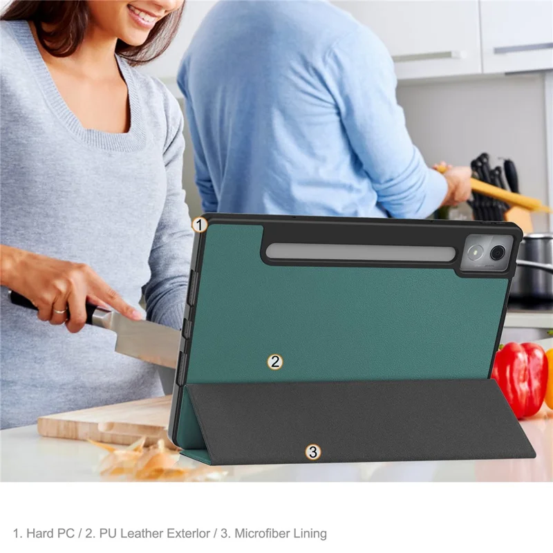 For Lenovo Idea Tab Pro Case Tri-Fold Stand Leather + PC Tablet Cover with Pen Holder - Blackish Green