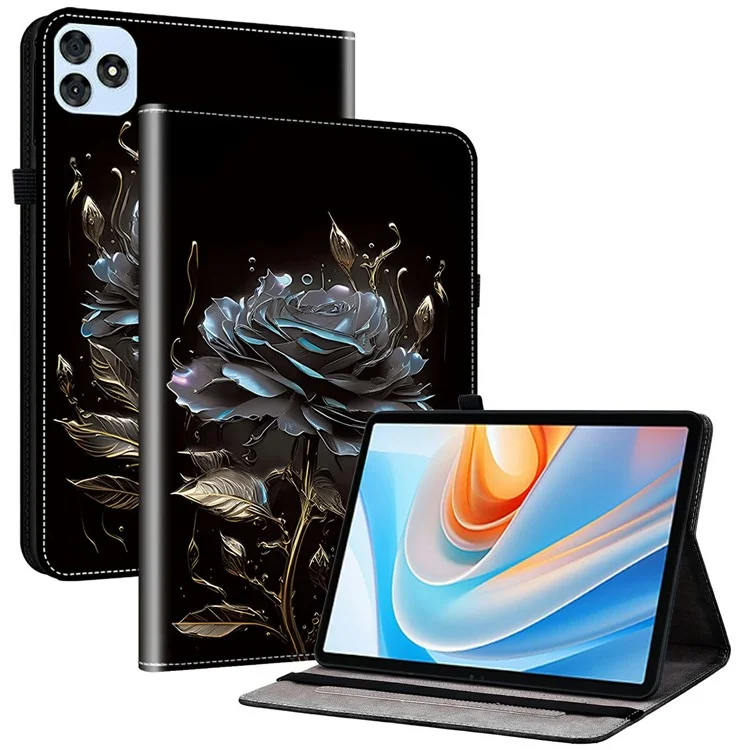 For itel VistaTab 30 Leather Case Pattern Printed Stand Tablet Cover with Card Slots - Black Rose