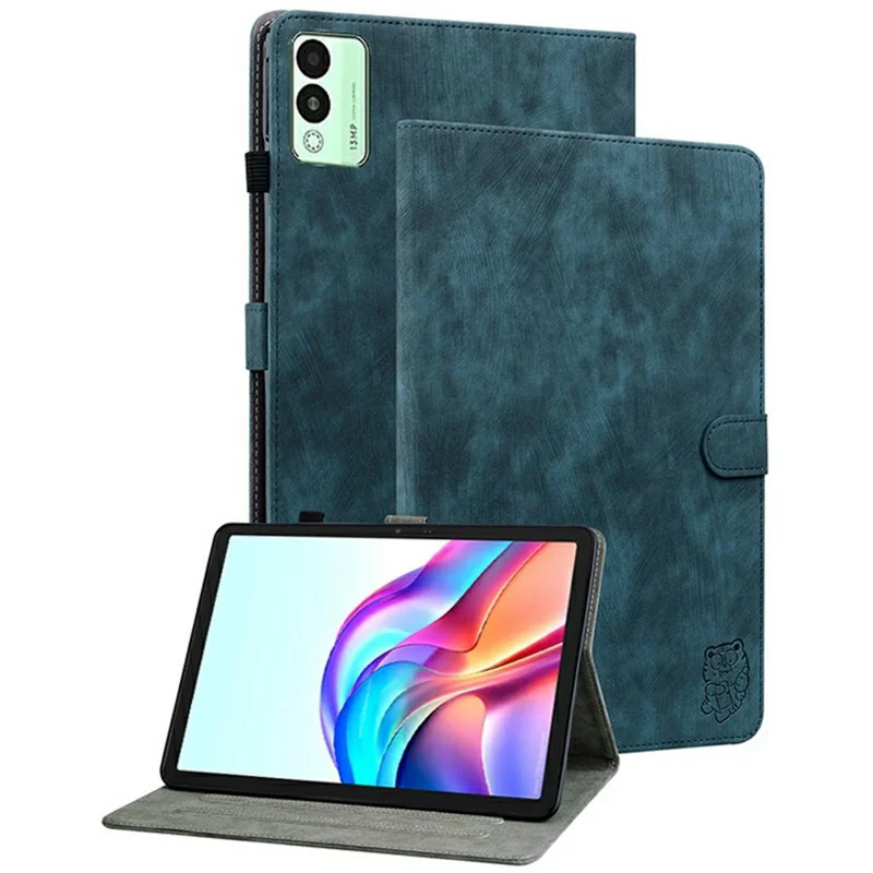 For TECNO Megapad 11 Case Tiger Imprint Anti-Scratch PU Leather Tablet Cover - Blue