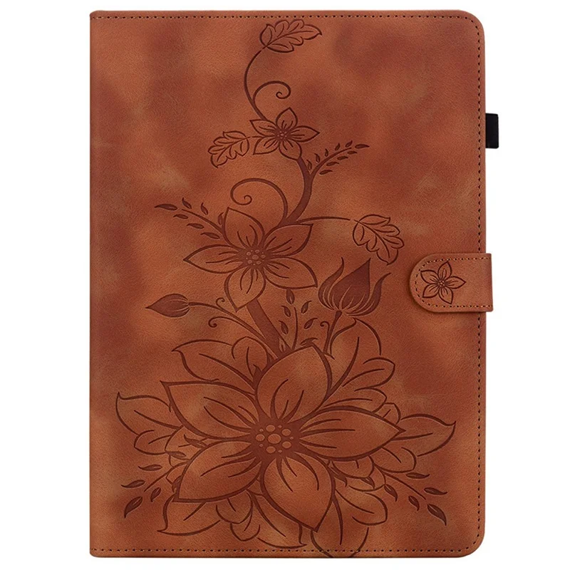 For TECNO Megapad 11 Case Lily Flower Imprint Card Slots Leather Tablet Cover - Brown