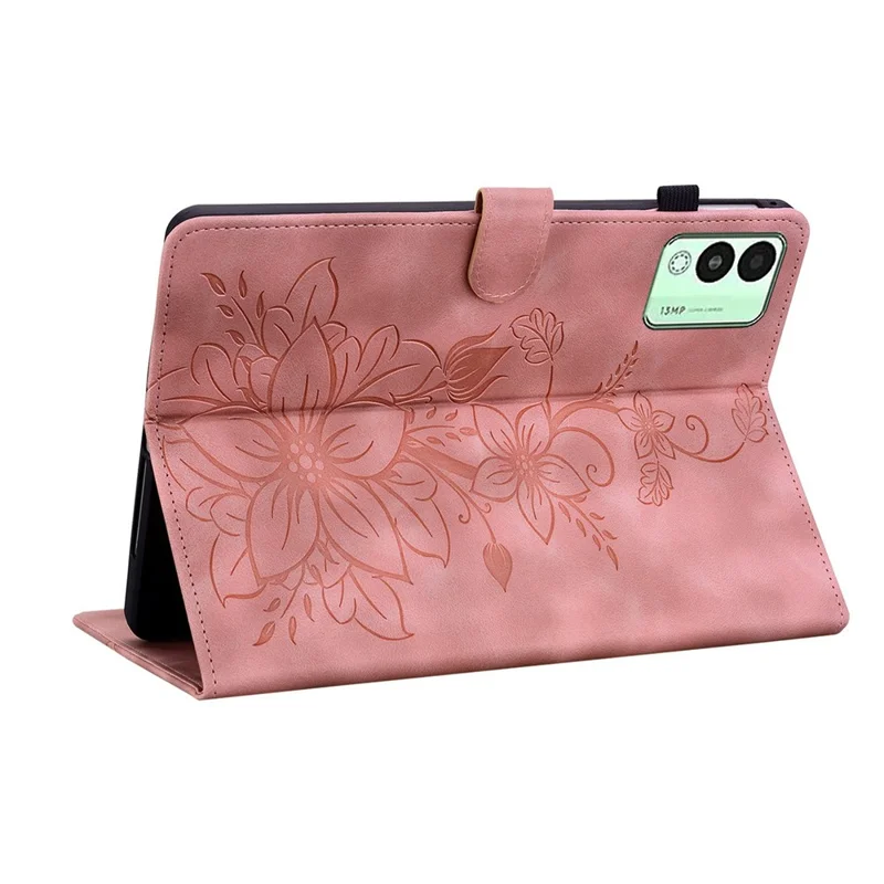 For TECNO Megapad 11 Case Lily Flower Imprint Card Slots Leather Tablet Cover - Pink