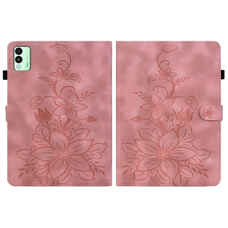 For TECNO Megapad 11 Case Lily Flower Imprint Card Slots Leather Tablet Cover - Pink