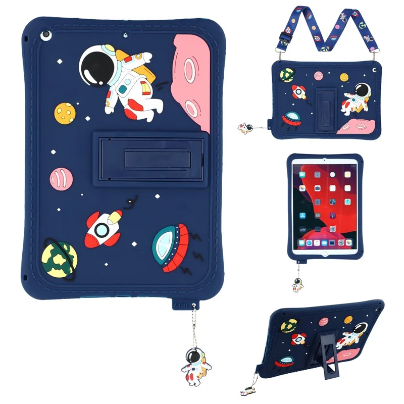 For iPad 10.2 (2021)  /  (2020)  /  (2019) Case Astronaut Silicone + PC Kickstand Tablet Cover with Lanyard