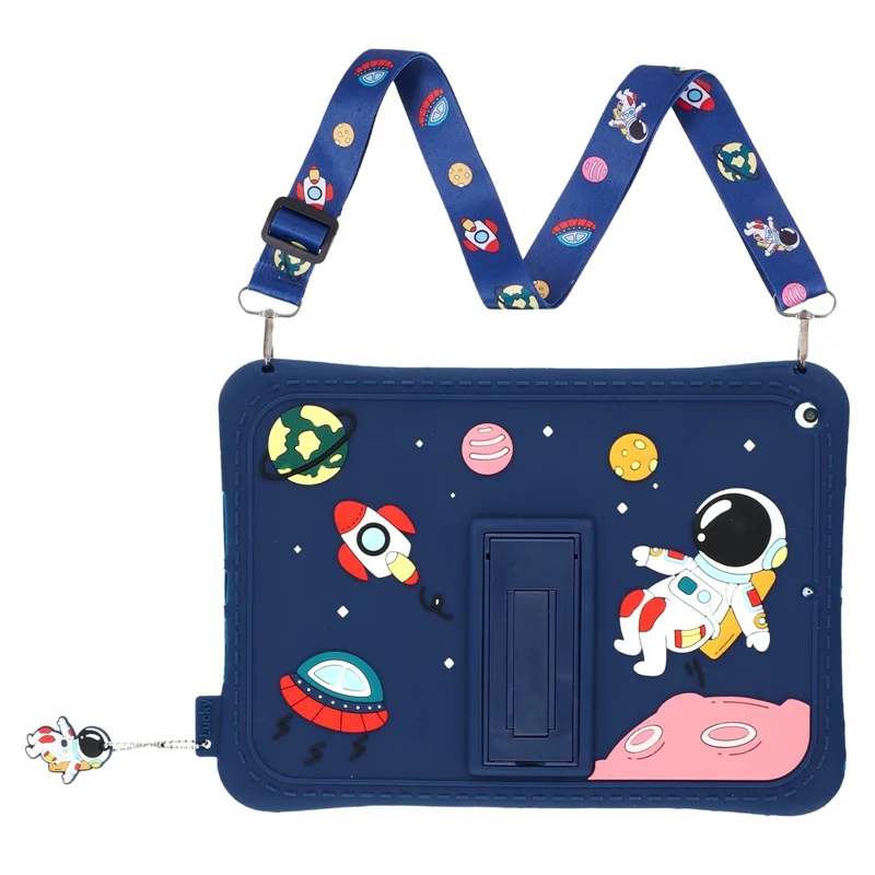 For iPad 10.2 (2021)  /  (2020)  /  (2019) Case Astronaut Silicone + PC Kickstand Tablet Cover with Lanyard