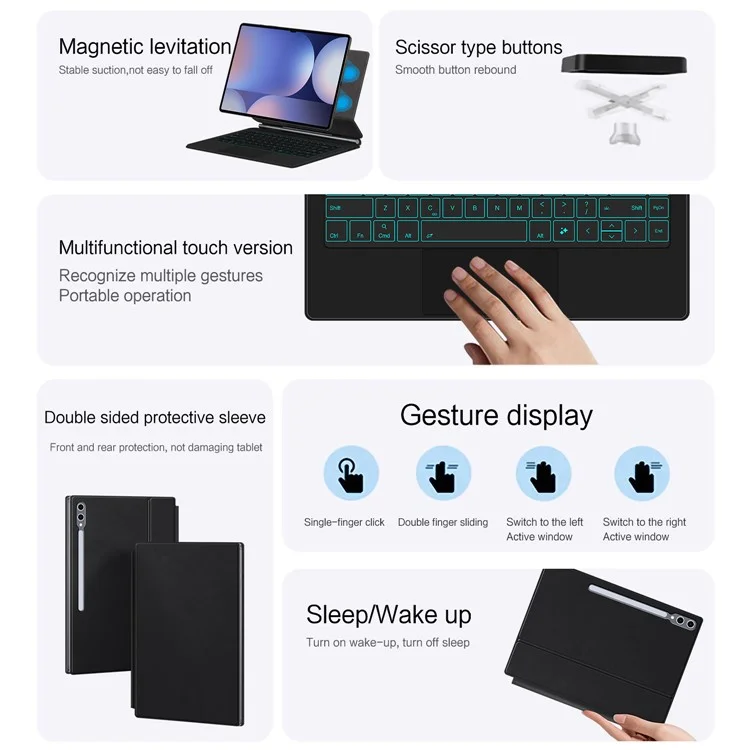 Teclado Magnético Flutuante para Samsung Galaxy Tab S10 Ultra / Tab S9 Ultra / Tab S8 Ultra, Teclado Bluetooth + Capa de Couro para Tablet