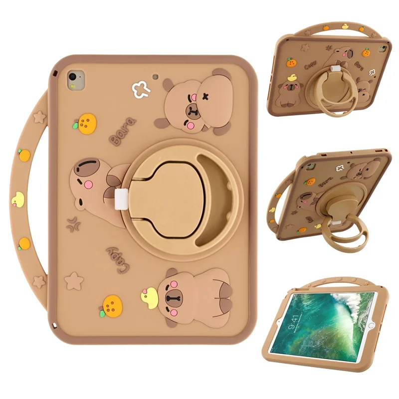 Voor iPad 9,7 inch (2018) / (2017) Siliconen Hoesje met Handvat 360 Graden Draaibare Standaard Beschermlaag met Capybara Patroon