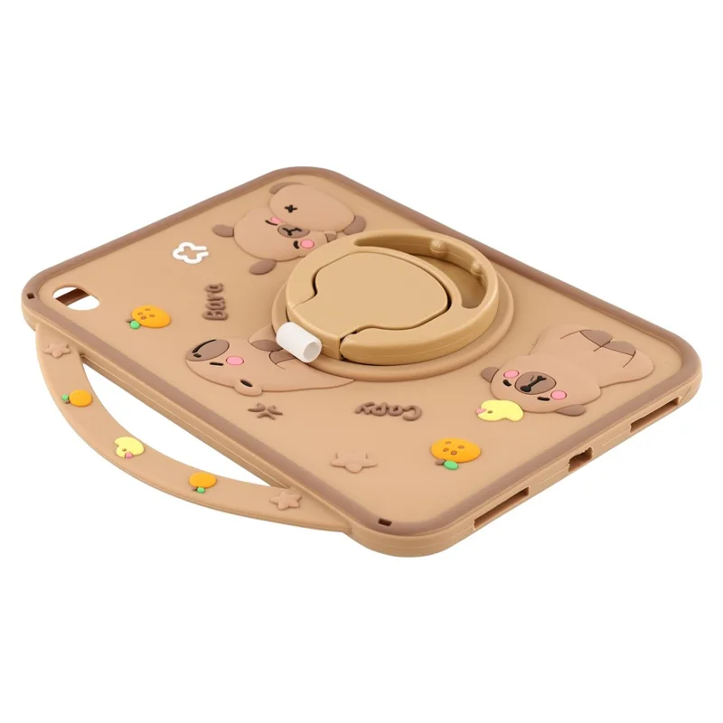 For iPad (2025) / 10.9 (2022) Silicone Case with Handle 360 Degree Rotating Kickstand Protective Cover Capybara Pattern