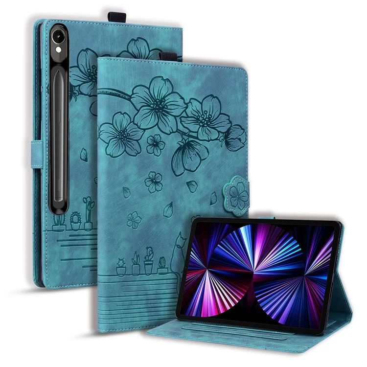 Für Samsung Galaxy Tab S10 FE+ Hülle Flip-Ständer Lederhandy-Cover Kirschblüten-Katze geprägt - Grün