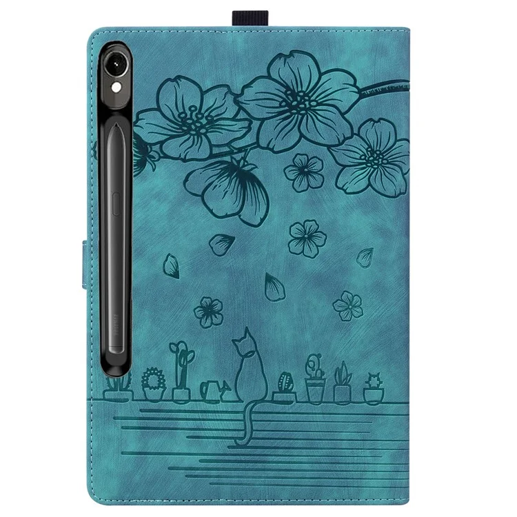 Für Samsung Galaxy Tab S10 FE+ Hülle Flip-Ständer Lederhandy-Cover Kirschblüten-Katze geprägt - Grün