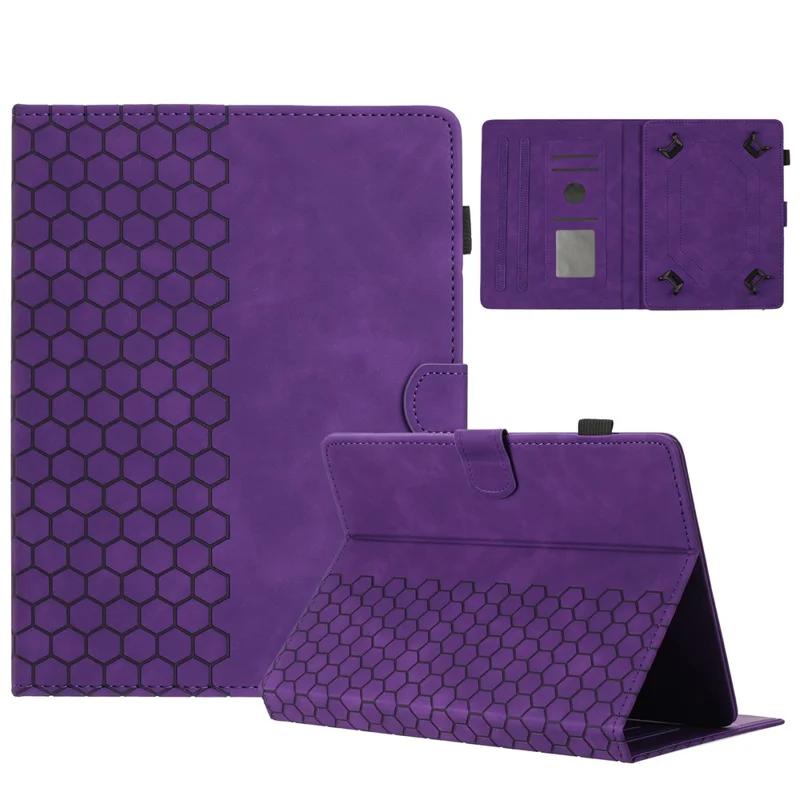 Universal 10-inch Tablet Case Honeycomb Printed Leather Tablet Cover with Card Slot - Purple