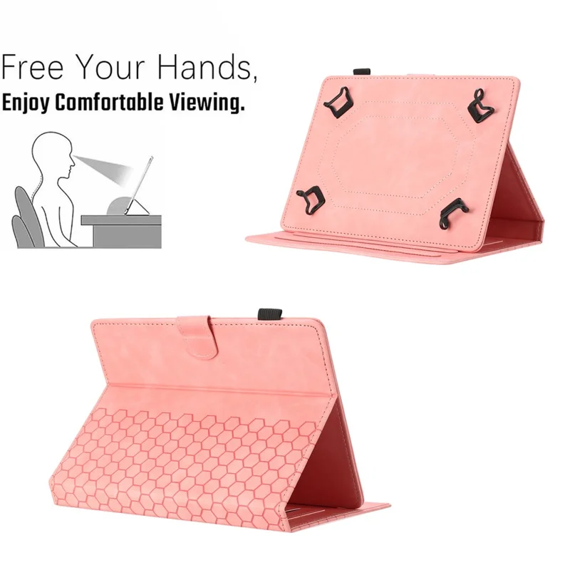 غطاء لوحي عالمي مقاس 8 بوصة من الجلد المطبوع بنمط خلية النحل مع فتحة للبطاقات - وردي