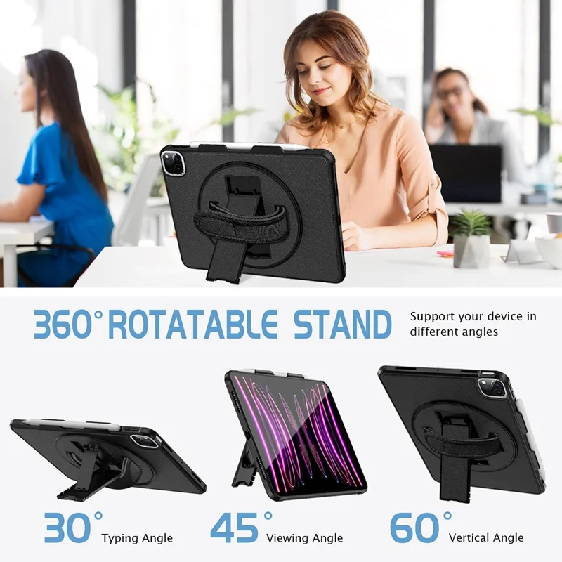 Tablet Case for iPad Pro 11 (2022) / (2021) / (2022) Kicktand PC + TPU + Cloth Tablet Cover with Pencil Holder / Hand Strap