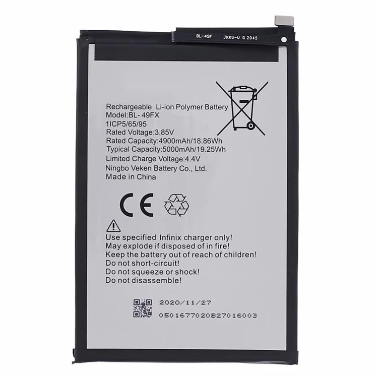 For Infinix Hot 8 Lite / Hot 8 / Note 7 Lite / Hot 9 / Hot 9 Pro 3.85V 4900mAh Li-ion Polymer Battery Assembly (Encode: BL-49FX) (without Logo)