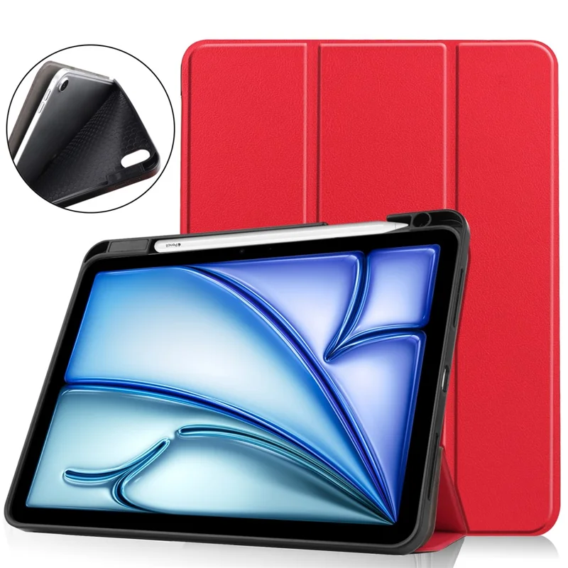 Étui support pour iPad Air 11 (2025) avec protection antichoc en cuir et emplacement pour stylo - Rouge
