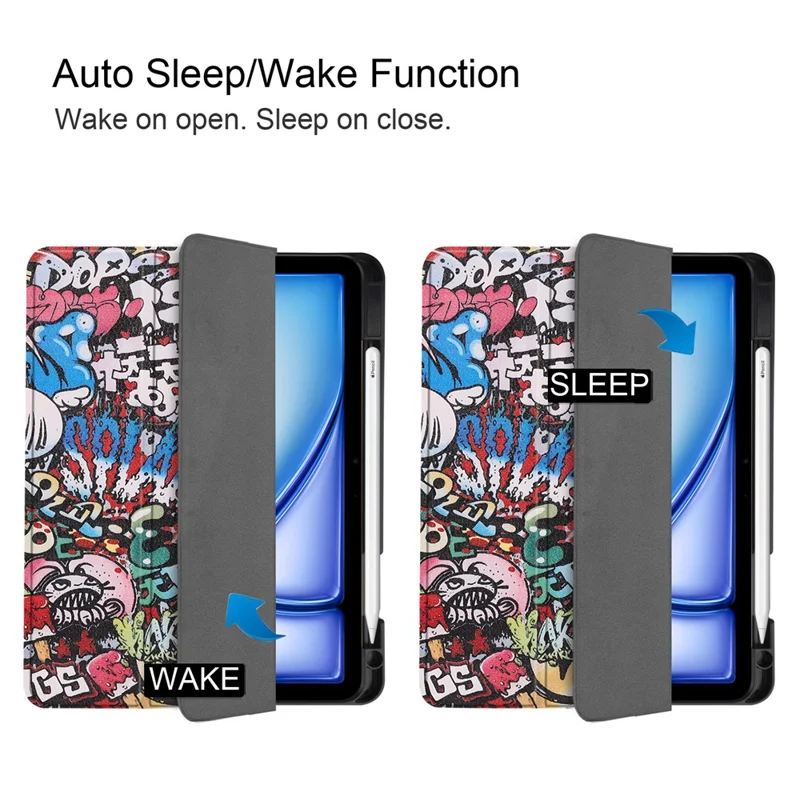 For iPad Air 11 (2025) / (2024) Tablet Case Pattern Printing Tri-Fold Stand Leather + TPU Cover with Pen Holder - Graffiti