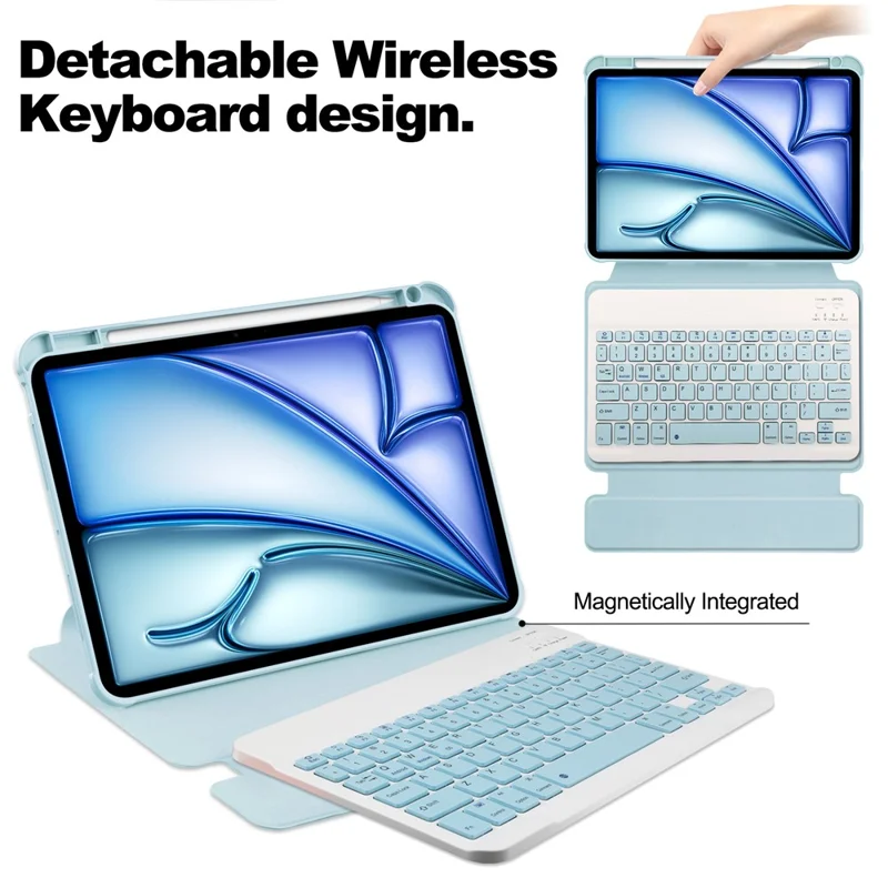 For iPad Air 13 (2026) / (2025) / (2024) Case 360-Degree Rotary Stand PU Leather + Acrylic Tablet Cover with Keyboard - Sky Blue