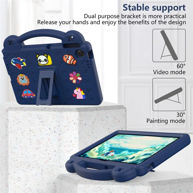 For Lenovo Tab TB311FU Case Kids Cartoon Patterns Hand Grip Kickstand Tablet EVA Cover - Navy Blue