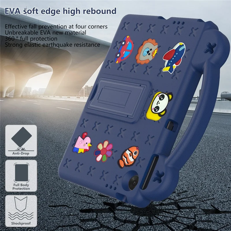 For Lenovo Tab TB311FU Case Kids Cartoon Patterns Hand Grip Kickstand Tablet EVA Cover - Navy Blue