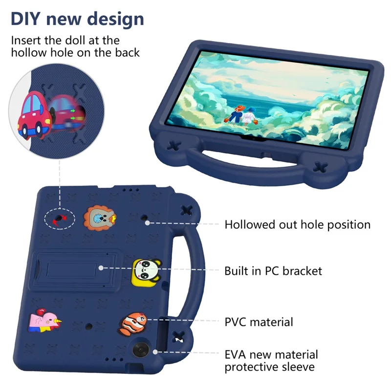 For Lenovo Tab TB311FU Case Kids Cartoon Patterns Hand Grip Kickstand Tablet EVA Cover - Navy Blue