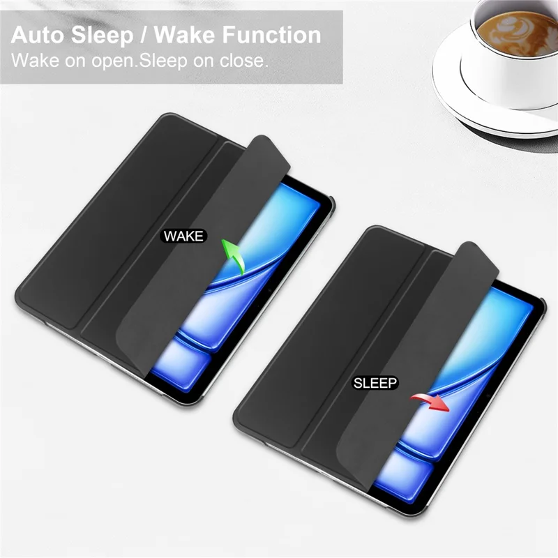 For iPad Air 11 (2025) / (2024) Case PU Leather Smart Tablet Cover Smooth Matte Back, Built-In Pencil Holder - Black