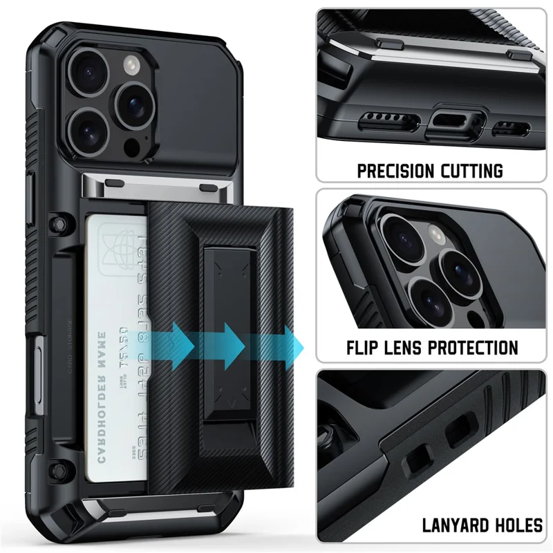 For iPhone 16 Pro Case TPU + PC Armor Shockproof Phone Cover with Card Holder - Black