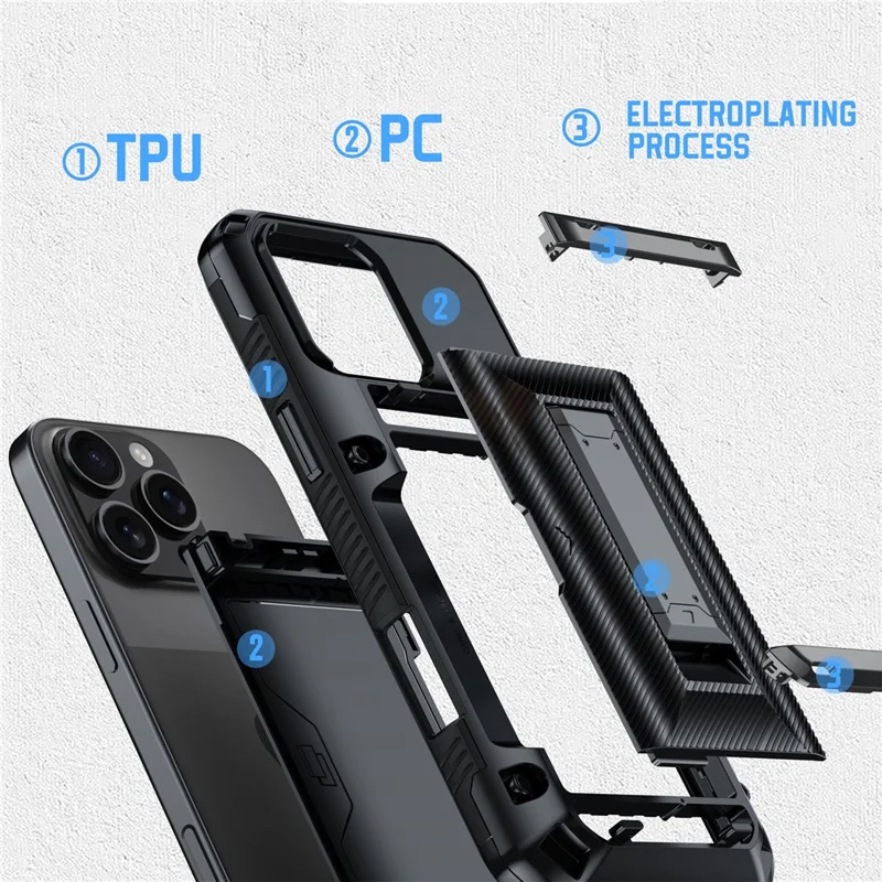 For iPhone 16 Pro Case TPU + PC Armor Shockproof Phone Cover with Card Holder - Black