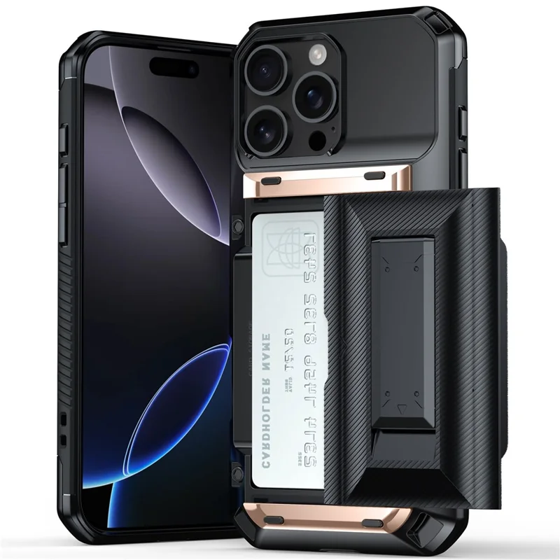 For iPhone 16 Pro Max Case TPU + PC Armor Shockproof Phone Cover with Card Holder - Gold