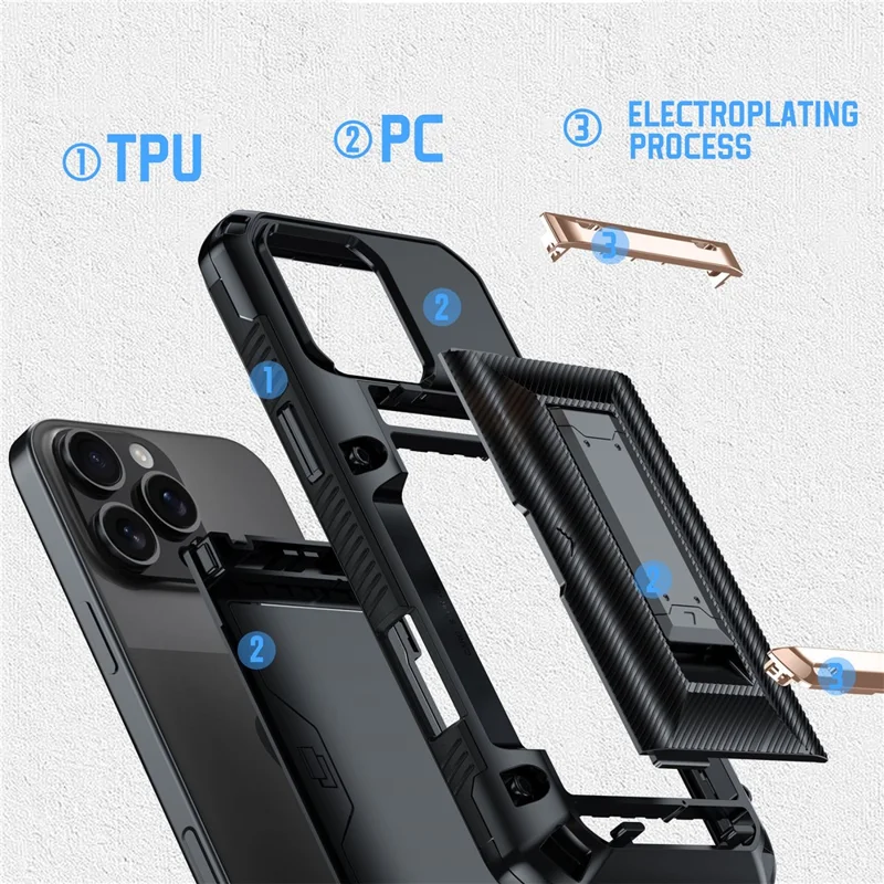 For iPhone 16 Pro Max Case TPU + PC Armor Shockproof Phone Cover with Card Holder - Gold