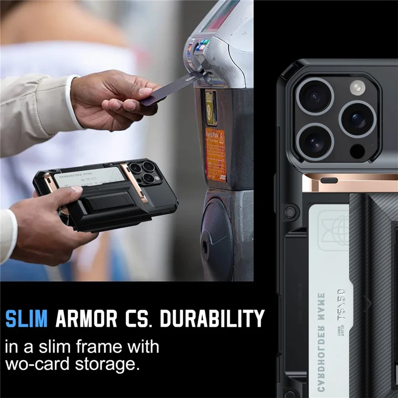 For iPhone 16 Pro Max Case TPU + PC Armor Shockproof Phone Cover with Card Holder - Gold